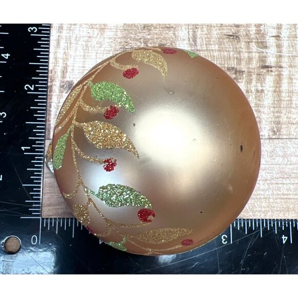 Set Of 3 Gold Glass Christmas Ornaments With Glittery Leaf & Berry Design - Picture 4 of 4